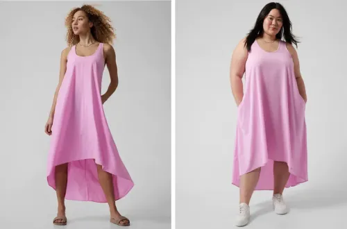 Two views of the Athleta Presidio dress in light pink
